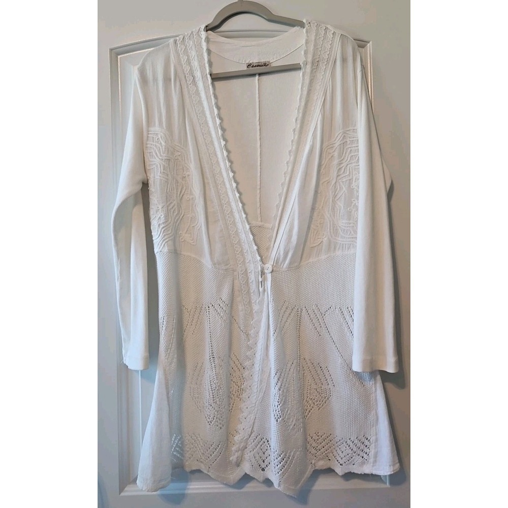 Caamano Longline Cardigan Women's‎ xl White Pointelle Knit Coquette Whimsy...